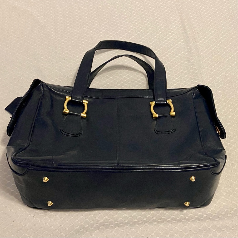 Vintage LOU TAYLOR, Classic Blue Leather Satchel with Gold Hardware